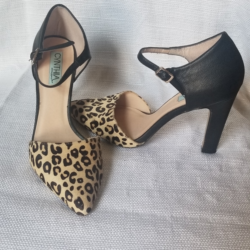 Cynthia Rowley Black and Leopard Print Ankle Strap Heels